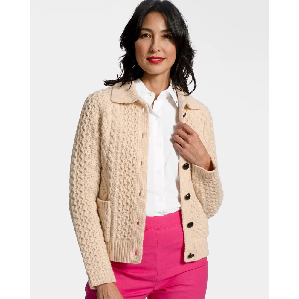 Frances Valentine Women's Lambswool Fisherman Cardigan Sweater Size M Cream - Picture 2 of 7
